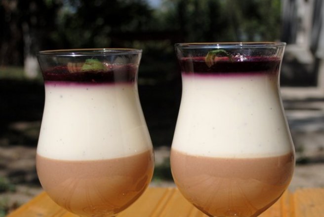 Panna cotta cu ciocolata si topping de fructe de padure