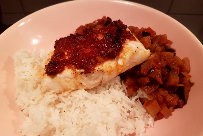 Filet de peste alb cu tapenade din rosii, ratatouille si orez